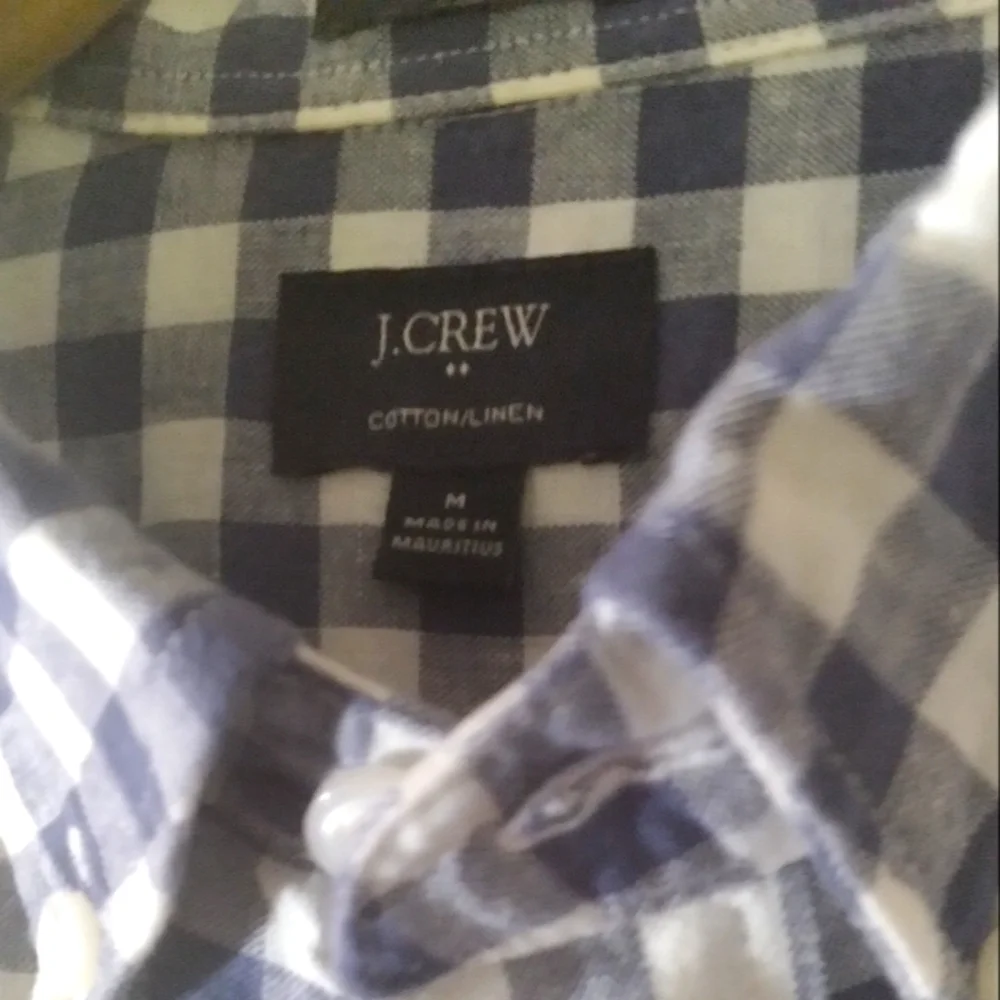 J. Crew‎ Linen Button Down Shirt Blue White Gingham Casual Preppy Summer  Medium